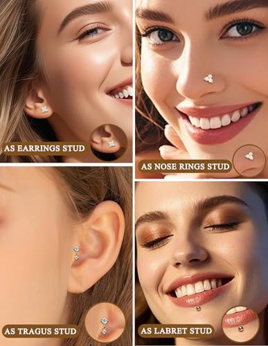 Threadless Flat Back Earrings Studs 20G Surgical Steel Push in Nose Studs Rings Cartilage Helix Tragus Conch Lip Labret Medusa CZ Nostril Piercing Jewelry for Women Gold Silver Tone - color: Gold