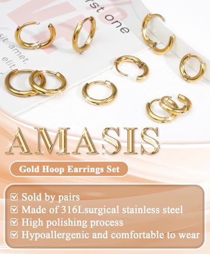 Surgical Steel Huggie Hoop Earrings & Flat Back Studs for Women Men, 6mm-14mm Small Hoops for Cartilage Helix Tragus Lobe, 1-10 Pairs Multiple Piercing Jewelry Set for Sensitive Ears - style: 1Pair,Gold,6mm(THK:1.6mm)