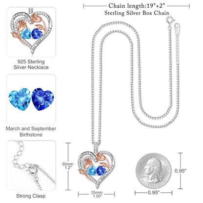 Iefil Birthstone Necklace for Women - Rose Heart Necklace | 925 Sterling Silver, Gift Box Packaging, Anniversary Birthday Gifts for Wife Mom Daughter - color: 03-09-Mar-Sept Birthstone