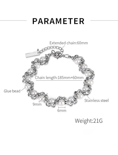 Faux Pearl Chain Bracelet for Women, White Silver Gold Plated Stainless Steel Link Cuff Bridal Wedding Christmas Valentine's Day Mother's Day Anniversary Birthday Jewelry Gifts Box for Her