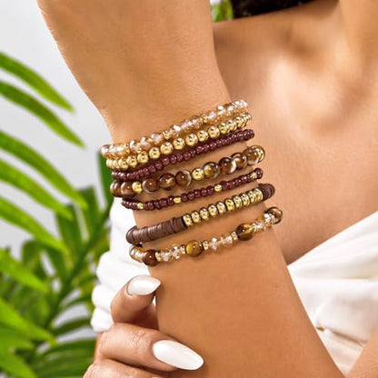 FORUBUS 7Pcs Bohemian Multilayer Stackable Beaded Bracelets Set for Women, Crystal Glass Gold CCB Beads Stretch Bracelet Pack, Summer Beach Boho Jewelry Vacation Gifts - color: Brown