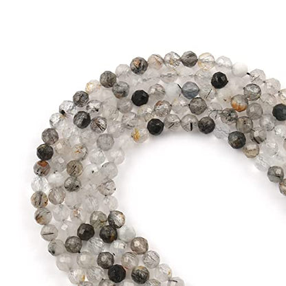 180pcs 2mm Natural Black Rutilated Quartz Gemstone Beads Faceted Round Loose Stone Beads for Jewelry Making (1 Strand) - color: Black Rutilated Quartz, size: 1.9-2.4mm