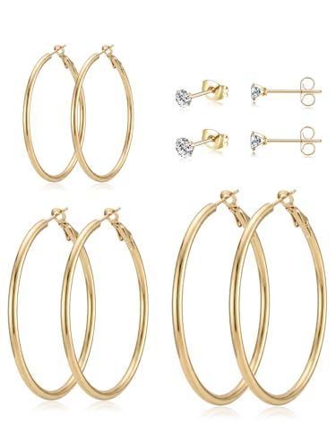 5 Pairs Silver Gold Stud Hoop Earrings for Women, Hypoallergenic 14K Gold Plated Trendy Stud Hoop Earrings Set for Sensitive Ears, Lightweight Big Hoops Earring Stacks for Multiple Piercing Jewelry Gift - color: Gold-40/50/60mm