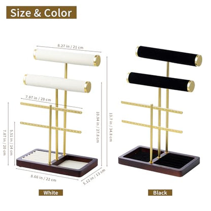 modern T-shaped jewelry rack, jewelry tower, gold metal, square ceramic base decoration display tower, necklace, bracelet, ring storage rack (2-layer black velvet) - style: 2-layer black velvet