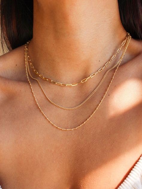 Elegance 11 designs Gold Plated Thin Chain Layered Necklaces For Women Non Tarnish,18k Gold Plated Stainless Steel Dainty Waterproof Gold Necklace Set Stack For Women Gifts Jewelry - color: Gold Necklace 200N