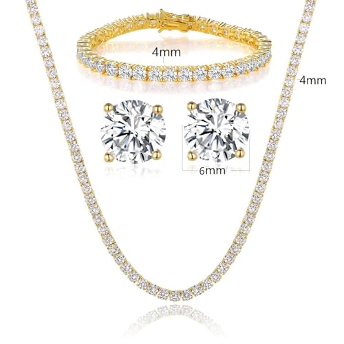 18K Yellow Gold/White Gold Plated Wedding Jewelry Set Tennis Necklace/Bracelet/Earrings Sets Pack of 3 - color: Gold