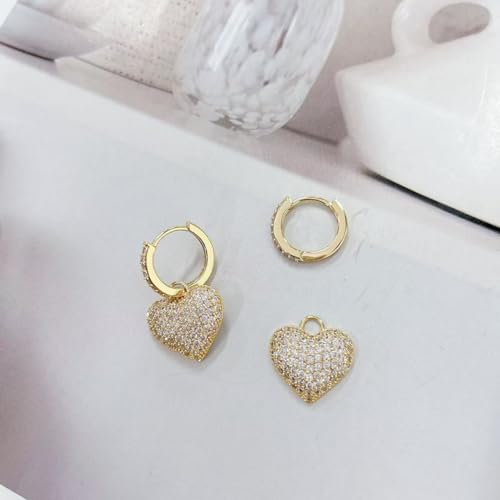 Dainty Full Cubic Zirconia Heart Dangle Small Hoop Earrings for Women Ladies Trendy Sweet Crystal Bling CZ Love Charm Drop Huggie Earring for Her Birthday Valentines Mother's Day Fine Jewelry Gifts - color: Gold-tone