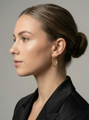 FAN&LOUIS 24K Gold Plated Hoop Clip On Earrings for Women, Gold Beaded Hoop Trendy Hypoallergenic Non Pierced Earrings Painless Lightweight 38mm Clip-On Earrings - style: Gold and Silver