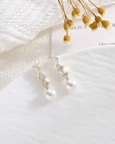 Pearl Earrings for Women, 14k Gold Plated Trendy Diamond Pearl Drop Earrings Bridal Shower Gifts Wedding jewelry for Women - color: Style F Gold