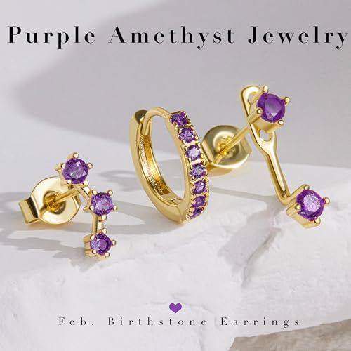 3 Pairs Dainty Small Earrings Set for Women Trendy, Birthstone Stud Huggie Hoop Jacket Stack for Cartilage Helix, Gold Plated Hypoallergenic Cute Women Fashion Accessories Western Jewelry Gifts - color: 02Purple Created Amethyst-Feb (Gold)