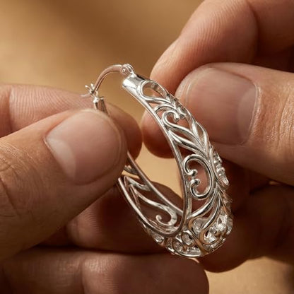 LeCalla 925 Sterling Silver Hoop Earrings | Women's Filigree Hoop Earrings | Openwork Mesh Filigree Cut Earring | Lightweight & Hypoallergenic Vintage Hoop Earrings for Women - style: Silver / Oval Filigree