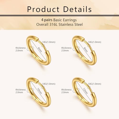 Small Hoop Earrings for Women, Stainless Steel Huggie Hoop earrings, 18G | 2/4/6 Pairs, 6mm/8mm/12mm Small Hoop Earrings, Lobe Helix Conch Tragus Daith Rook Cartilage Piercing Jewelry,Gold Silver - color: Golden-4pairs-6/8/10/12mm
