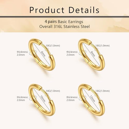 Small Hoop Earrings for Women, Stainless Steel Huggie Hoop earrings, 18G | 2/4/6 Pairs, 6mm/8mm/12mm Small Hoop Earrings, Lobe Helix Conch Tragus Daith Rook Cartilage Piercing Jewelry,Gold Silver - color: Golden-4pairs-6/8/10/12mm