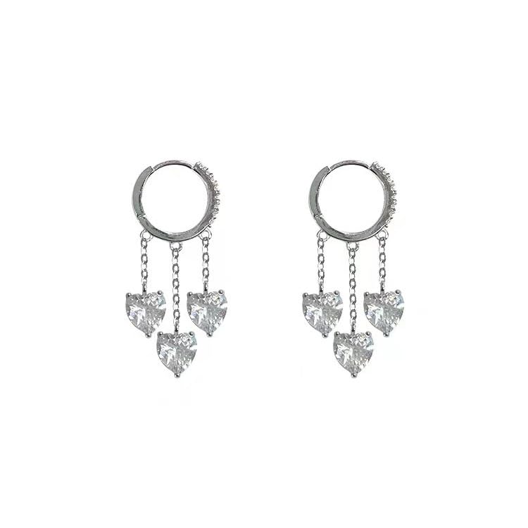 Heart Tassel Huggie Hoop Earrings for Women, 18K Gold Plated White Gold Finish, Sparkling Cubic Zirconia Dangle Earrings, Triple Chain Heart Charm Jewelry, Romantic Minimalist Accessories