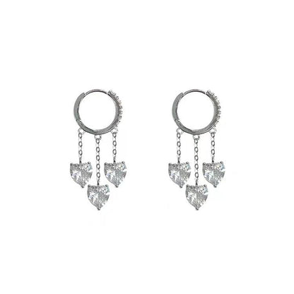 Heart Tassel Huggie Hoop Earrings for Women, 18K Gold Plated White Gold Finish, Sparkling Cubic Zirconia Dangle Earrings, Triple Chain Heart Charm Jewelry, Romantic Minimalist Accessories