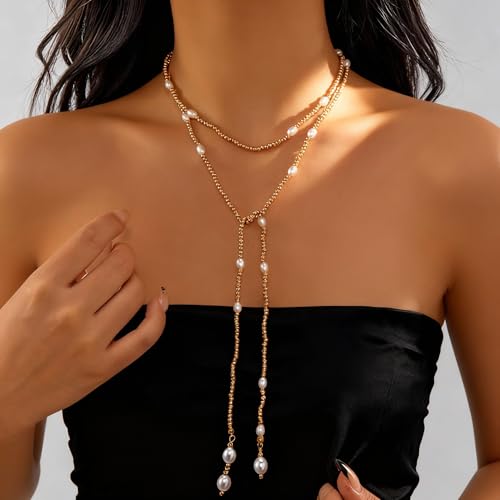 Long Black Beaded Necklace for Women Trendy Gold Beads Slip Tie Pearl Wrap Necklace Layered Silver Lariat Necklaces with Pearl Drop Y Statement Necklaces Versatile Elegant Jewelry - color: Gold-Plated