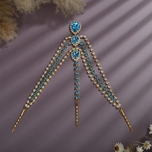 Bohemian Full Gold Rhinestone Chain Blue Crystal Head Chain Clip Drop Pendant HeadPieces Forehead Headband Hair Accessories for Wedding Brides Party Prom Costume (Gold Blue) - color: Gold Blue