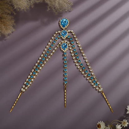 Bohemian Full Gold Rhinestone Chain Blue Crystal Head Chain Clip Drop Pendant HeadPieces Forehead Headband Hair Accessories for Wedding Brides Party Prom Costume (Gold Blue) - color: Gold Blue