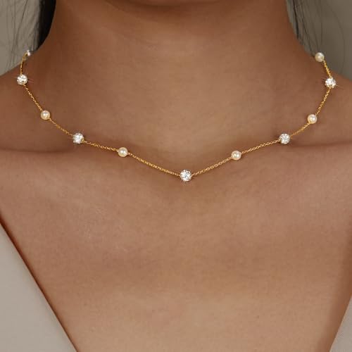925 Sterling Silver Lariat Necklace for Women | Long 14K Gold Plated Y-Shaped Pearl Necklace CZ Crystal Ball Sparkle Necklace for Mother Daughter Bride Wedding Jewelry - color: Style 4-Gold