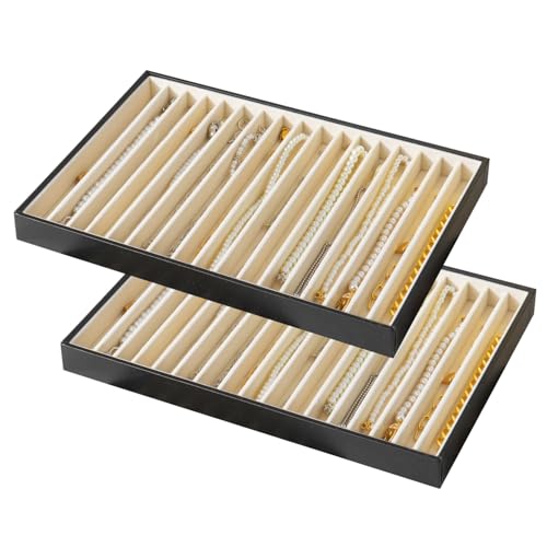 Large Jewelry Organizer Tray for Drawer Inserts 2 Pack | Stackable Jewelry Storage PU Leather Velvet Jewellery Display Case for Earring Bracelet Necklace (Black Beige, 16 Grids) - color: Black Beige, size: 16 Grids