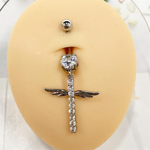 14G Crystal Wing Dangle Belly Button Ring for Women Cubic Zirconia Belly Curved Navel Barbell Dangle Piercing Sparkling Body Piercing Jewelry - color: Silver