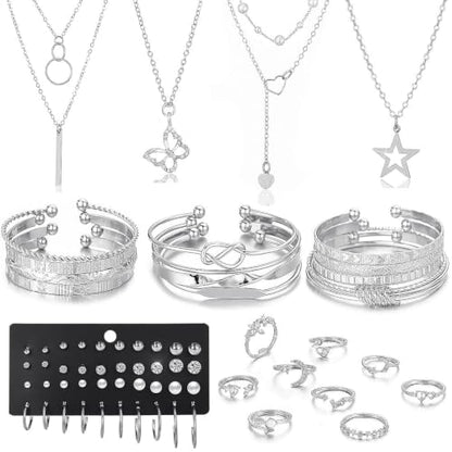46Pcs Gold Jewelry Set for Women with 5 Necklace, 12 Bracelet, 5 Hoop Earrings, 15 Stud Earrings and 9 Rings Jewelry Set For Gifts for Women. - style: Silver Jewelry