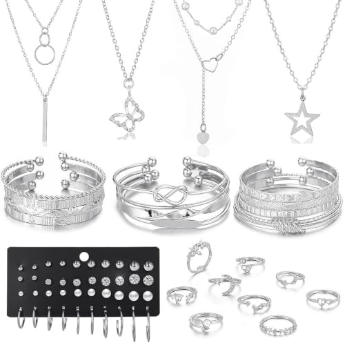 46Pcs Gold Jewelry Set for Women with 5 Necklace, 12 Bracelet, 5 Hoop Earrings, 15 Stud Earrings and 9 Rings Jewelry Set For Gifts for Women. - style: Silver Jewelry