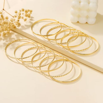 Gold Bangles for Women, 12 Pcs Boho Stackable Bracelets Multi Layer Textured Chunky Bracelets Jewelry Set for Women - color: Style A- 12 pcs gold