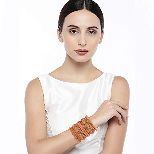 Aheli Ethnic Metal Bangles Chudha Set Stone Studded Bangle Set Indian Wedding Wear Fashion Jewelry Gift for Women Blue - color: Peach