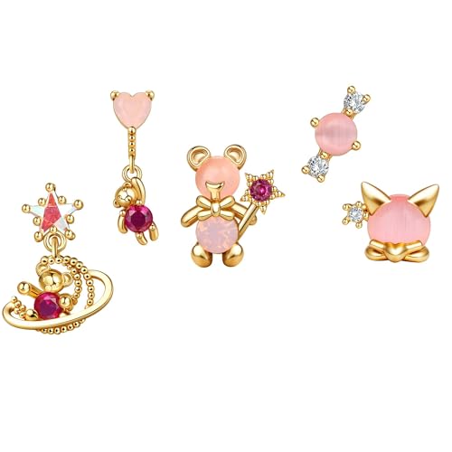 Sterling Silver Earrings Stacks for Women, Hypoallergenic Cartilage Earring | Dainty Stud Huggie Hoop Dangle Chain Earrings, 14K Gold/White Gold Plated - color: 5Pcs Sugar Bear(Single Earring Not a Pair)