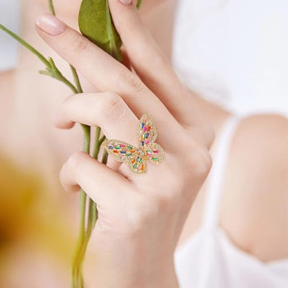 Butterfly Rings for Women Adjustable Golden Cocktail Ring Sparkly Stones Statement Silver Bow Open Wrap Bow Jewelry Bridesmaids Wedding Valentine’s Day Gift Lover Mother - color: JZ03-Colorful