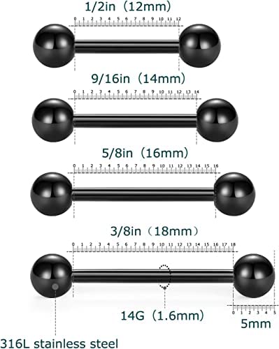 VCMART Nipple Rings Tongue Rings Stainless Steel 14G Straight Barbells Piercing Jewelry 12mm,14mm,16mm,18mm - color: 8 -silver & black