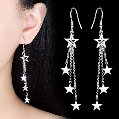 925 Sterling Silver Dangle Earrings with Charms Heart, Water drop, Moon, Star Long Drop Earring for Women Jewelry Gifts Hypoallergenic - color: star