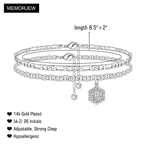 Memorjew Ankle Bracelets for Women, 14K-Gold-Plated Initial A-Z Anklet | Figaro Chain Layered 14K-Gold-Plated Hexagon Letter Anklets for Women, Summer Foot Chain Jewelry Gifts, Ankle Bracelets Gifts - style: F-Silver-Plated