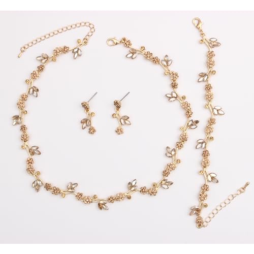 Brides Bridesmaid Flower Leaf Choker Necklace Dangle Earrings Link Bracelet Austrian Crystal Wedding Jewelry Set for Prom Costume Party Accessories for Woman - color: Champagne-Gold Plated