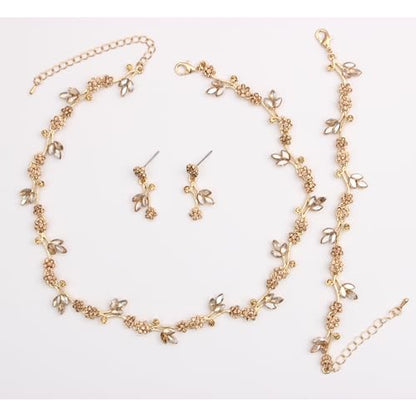 Brides Bridesmaid Flower Leaf Choker Necklace Dangle Earrings Link Bracelet Austrian Crystal Wedding Jewelry Set for Prom Costume Party Accessories for Woman - color: Champagne-Gold Plated