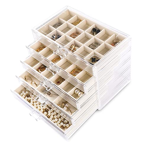Acrylic Jewelry Box for Earring,Jewelry Organizer with 5 Drawers | 61 Jewelry Storage Grid for Rings Stud Bracelet,Transparent Appearance,Earring Holder Organizer for Women,Velvet Lining - color: Beige