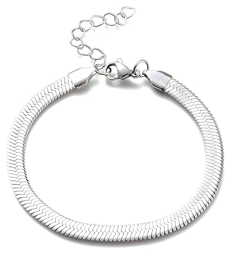 Waterproof 14K Gold Over Herringbone Chain Bracelet Anklet for Women and Men, Ankle Bracelet Premium Solid Stainless Steel (Silver) - size: 8 Inch, style: WIDTH - 5 MM