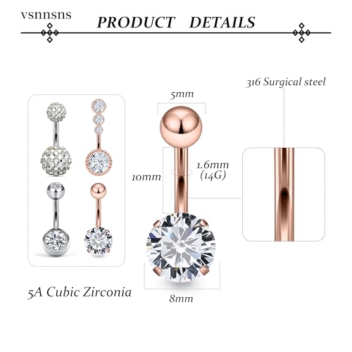Vsnnsns 14G Belly Button Ring Piercing Jewelry 316L Stainless Surgical Steel Heart CZ Pearl Butterfly Flower Navel Rings Dangle Belly Button Ring Navel Piercing Jewelry for Women Men Hypoallergenic - color: Silver&Rose Gold B