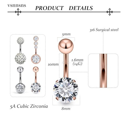 Vsnnsns 14G Belly Button Ring Piercing Jewelry 316L Stainless Surgical Steel Heart CZ Pearl Butterfly Flower Navel Rings Dangle Belly Button Ring Navel Piercing Jewelry for Women Men Hypoallergenic - color: Silver&Rose Gold B