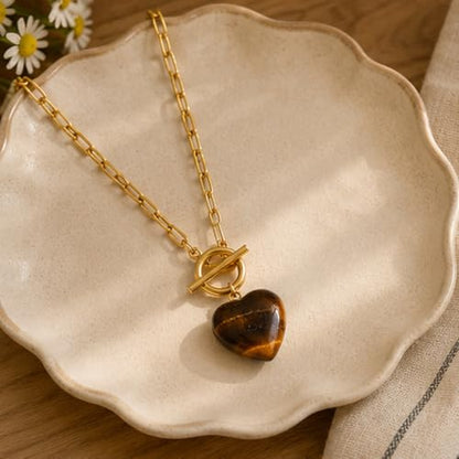 Teardrop CZ Pendant Paperclip Chain Necklace 18K Plated Paperclip Toggle Necklace Jewelry Birthstone Gift for Women - color: Tiger eye