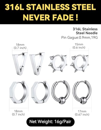 ChainsHouse Stud Earrings for Men Women,316L Stainless Steel/14K Gold/Black Plated Metal, Punk Hypoallergenic Surgical Huggie Hoop Earrings Mens Jewelry Piercing Hoop Earrings - style: F: Silver-Different Disign(4 Pairs)
