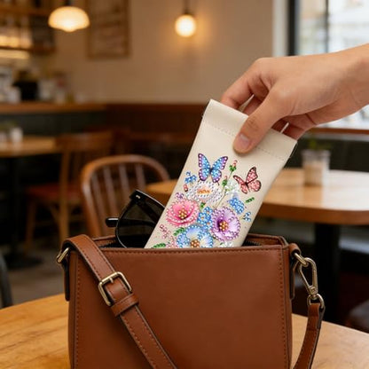 Diamond Art Painting Eye Glass Bag PU Sunglasses Glasses Storage Bag Built-in Glasses Cloth Press Automatic Closure - color: Flowers02