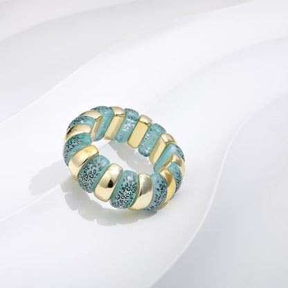 GOOJIDS Simple Beaded Gold Plated Bangles Bracelet Chunky Bamboo Tube Curved Stacking Clear Acrylic Colorful Beads Stretchable Gold Plated Bracelets Set For Women - color: B-Gold&Green Leopard