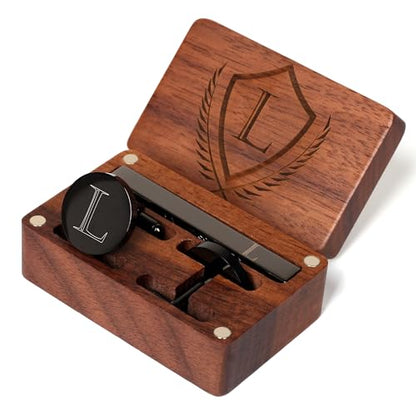 Mens Initial Cufflinks and Tie Clip A-Z Alphabet Letter Black Stainless Cuff Links Tie Bar with Engraved Walnut Wood Box Groom Groomsman Wedding Set - style: Classic-L