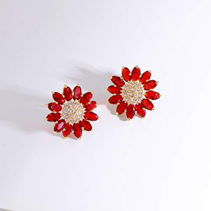 Crystal Flower Burst Stud Earirings - Big Sterling Silver CZ Cubic Zirconia Rhinestone Daisy Sunflower Floral Cluster Studs Bridal Wedding Party Prom Costume Jewelry for Bride Bridesmaids Women Birthstone Birthday Gift - color: Red