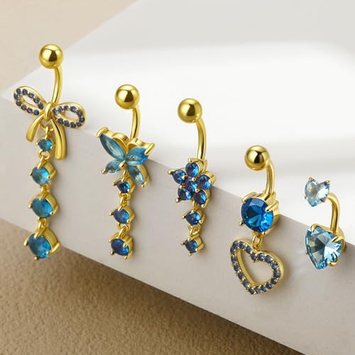 BSJ4U Belly Button Ring Dangle Navel Belly Piercing Jewelry Cute Pink CZ Heart Butterfly Bow Flower Navel Belly Rings for Women 14G Silver Stainless Steel Dainty Dangly Dangling Belly Button Piercing - color: Gold Plated Blue CZ Belly Button Rings