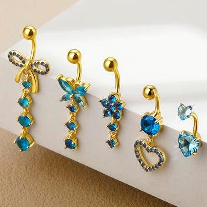 BSJ4U Belly Button Ring Dangle Navel Belly Piercing Jewelry Cute Pink CZ Heart Butterfly Bow Flower Navel Belly Rings for Women 14G Silver Stainless Steel Dainty Dangly Dangling Belly Button Piercing - color: Gold Plated Blue CZ Belly Button Rings