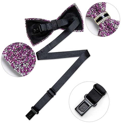 DiBanGu Mens Rhinestone Bow Tie with Ring and Lapel Pin Set | Adjustable Strap,Pre-tied Style,3PCS,Sequin Diamond Bowties，Solid/Mix Color,Shiny Accessory,for Party Prom Banquet Wedding - color: Purple and Silver