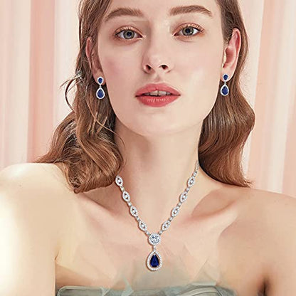 GULICX AAA Cubic Zirconia CZ Silver Plated Base Women's Party Jewelry Set Earrings Pendant Necklace - color: Blue CZ-White gold plated